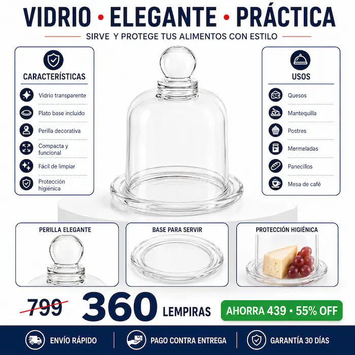 Quesera Campana de Vidrio Elegante con Plato Base — Decorá tu Mesa y Conservá tus Alimentos