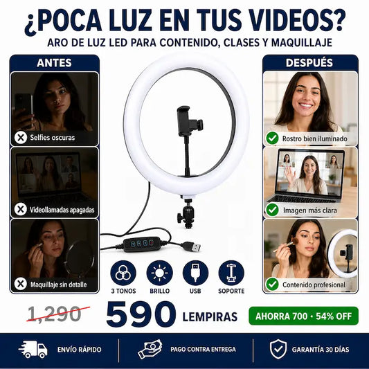 Aro de Luz LED Profesional con Soporte para Celular — Iluminación Pro para TikTok, Maquillaje, Zoom y Más