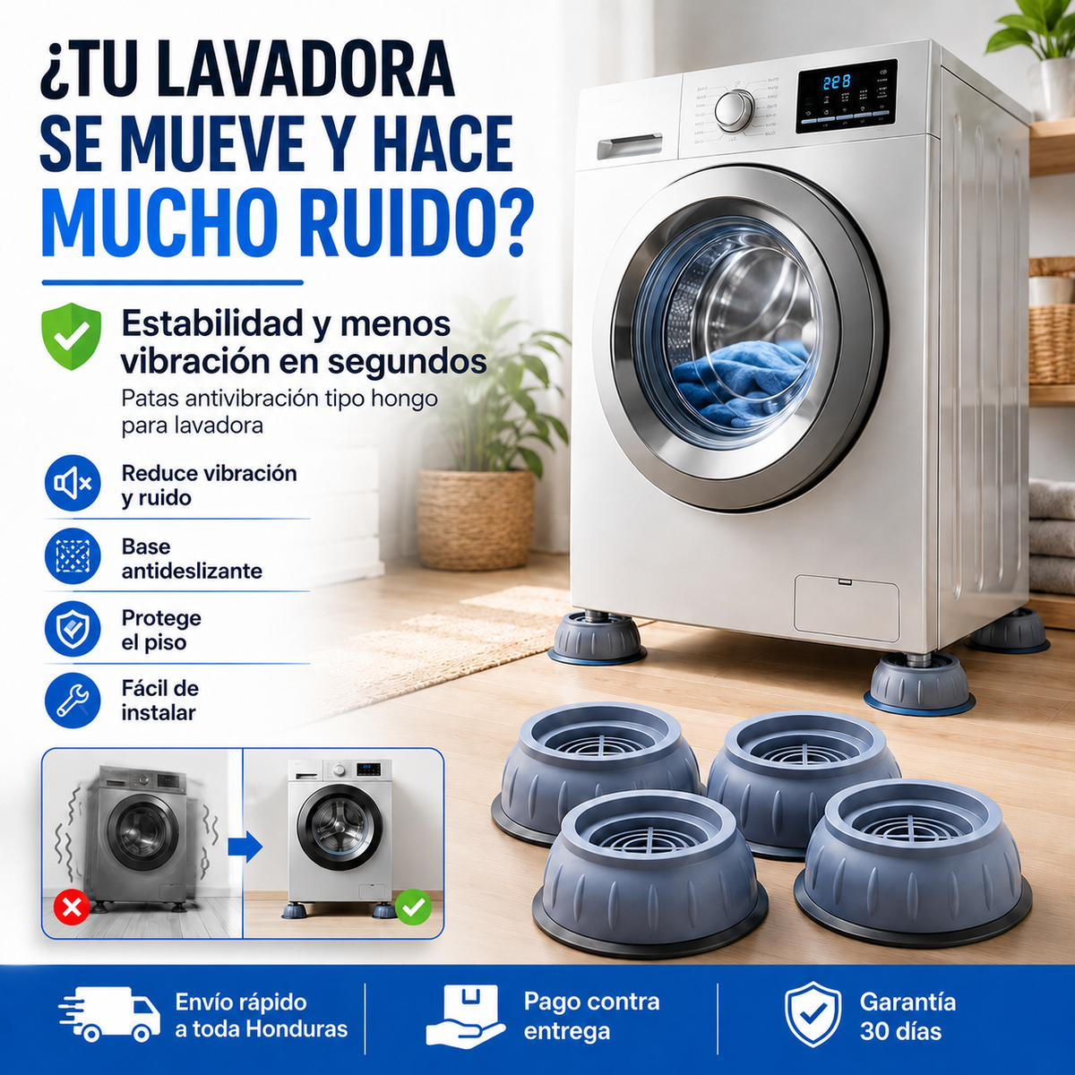 QuietBase Pro – Patas Antivibración para Lavadora