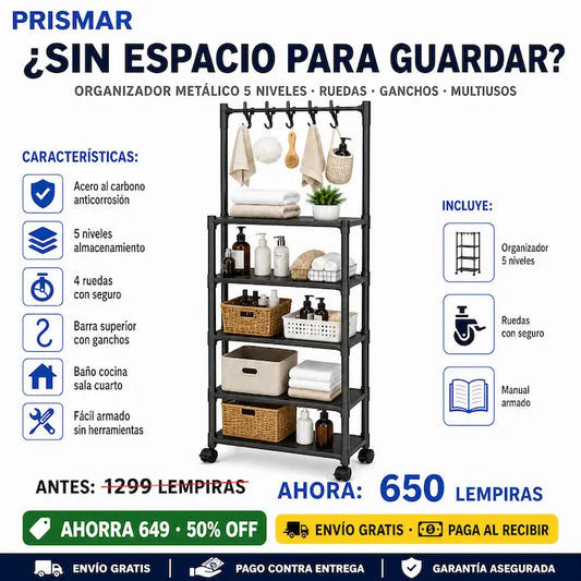 🚿🖤 Organizador de Baño Metal Negro 5 Niveles con Ruedas — Ganchos Superiores | No Oxida | Multiusos 🏠✨
