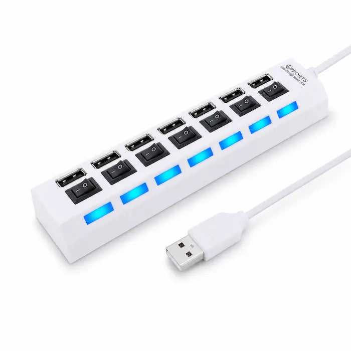 💻⚡ Hub USB 7 en 1 con Switch Individual — LED Azul | Plug & Play | Negro o Blanco 🖥️✅