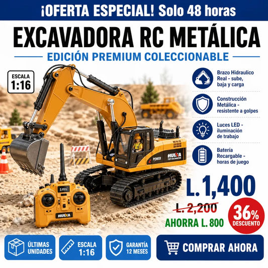 Excavadora RC Metálica con Pala, Luces y Batería Recargable Edición Premium Collecionable Con Garantia 12 meses incluida - Inversiones Alkosto