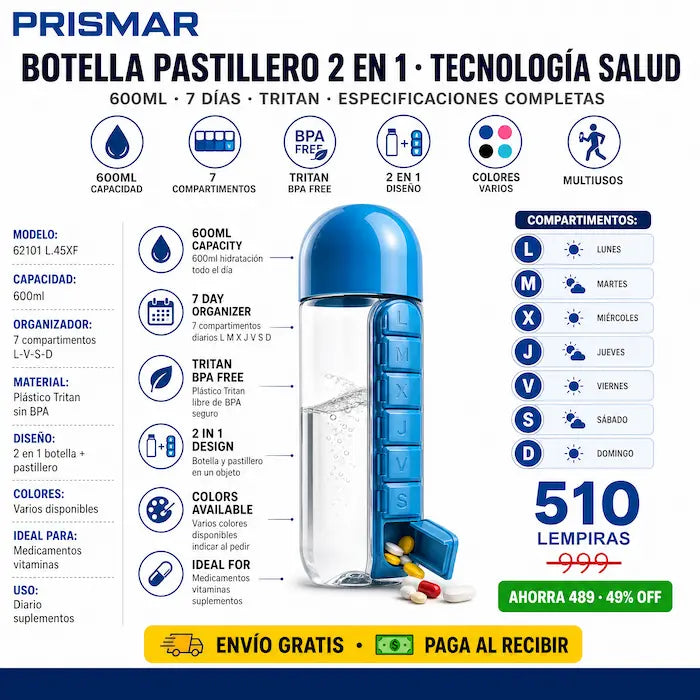 💊💧 Botella de Agua 2 en 1 con Pastillero Semanal — 7 Compartimentos | 600ml | Sin BPA 🎨✨