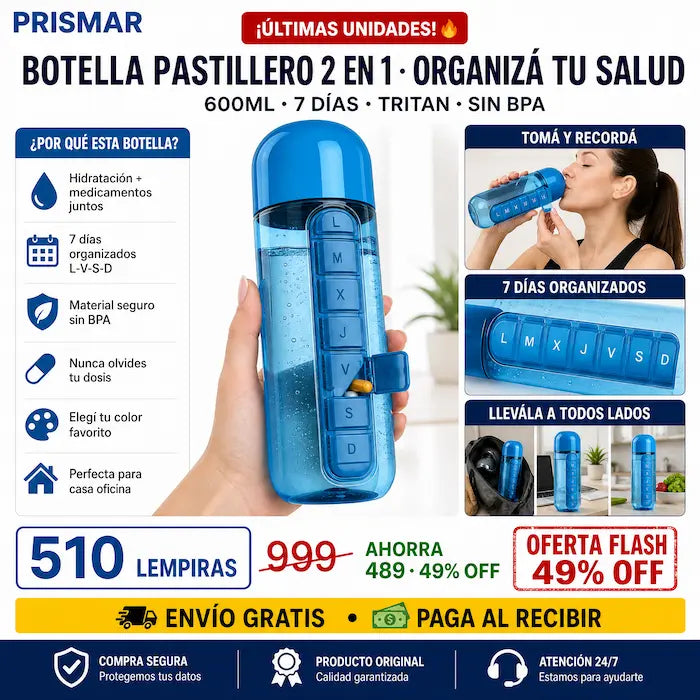 💊💧 Botella de Agua 2 en 1 con Pastillero Semanal — 7 Compartimentos | 600ml | Sin BPA 🎨✨