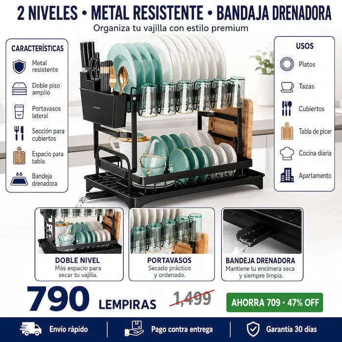 Escurridor de Platos 2 Niveles con Bandeja Drenadora — Doble Capacidad, Acabado Premium - imagen 3