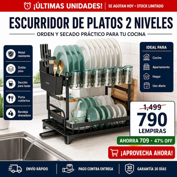 Escurridor de Platos 2 Niveles con Bandeja Drenadora — Doble Capacidad, Acabado Premium - imagen 2