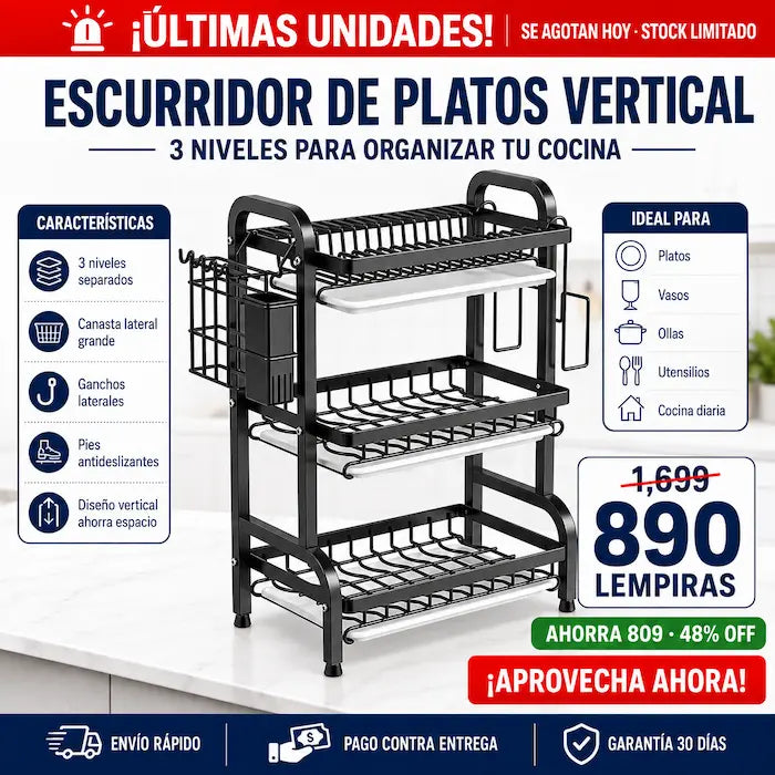 Escurridor de Platos Vertical 3 Niveles con Canasta Lateral y Ganchos — Libera tu Mesón