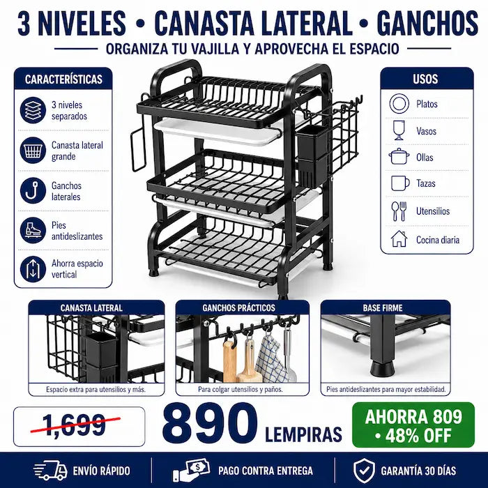 Escurridor de Platos Vertical 3 Niveles con Canasta Lateral y Ganchos — Libera tu Mesón