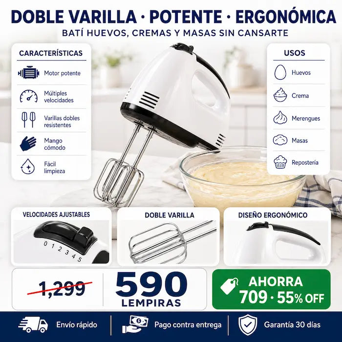Batidora Eléctrica de Mano con Doble Varilla — Repostería Profesional en Minutos