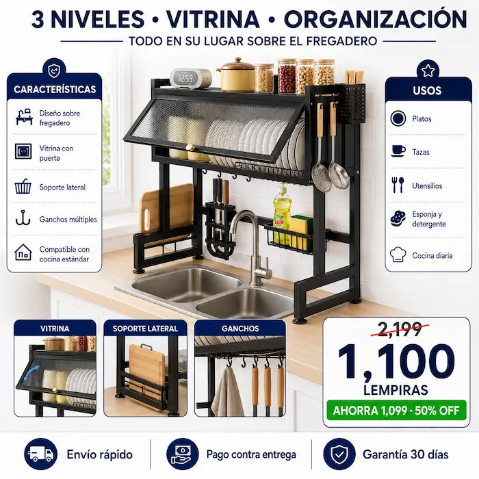 Organizador de Cocina Sobre el Fregadero con Vitrina — Libera el 100% del Mesón - imagen 3