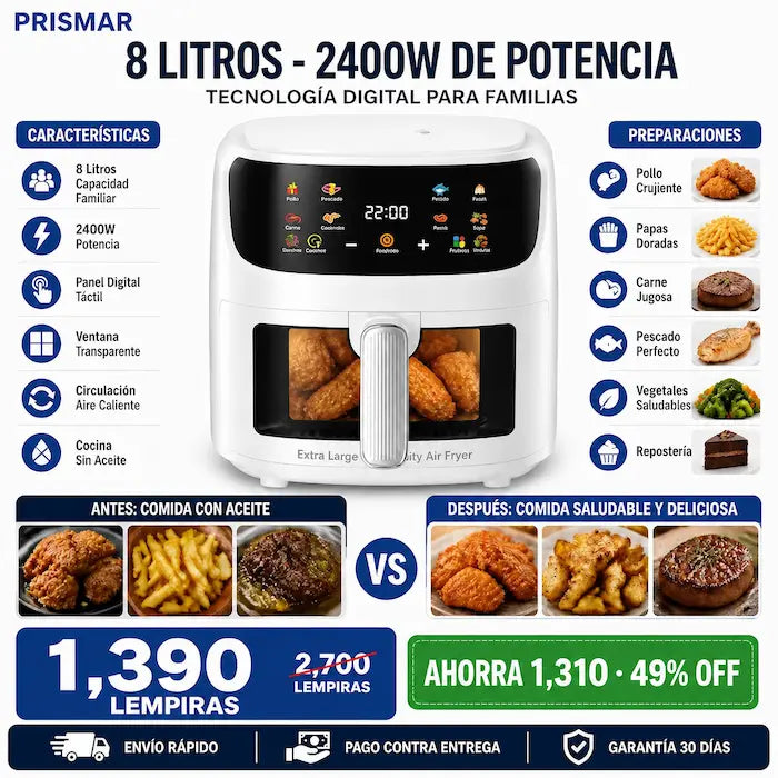 Freidora de Aire Digital 8 Litros de Gran Capacidad