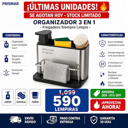 Organizador de Fregadero 3 en 1 de Acero Inoxidable