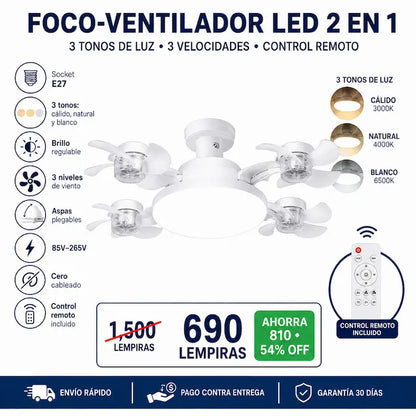 Foco-Ventilador LED E27 2 en 1 con Control Remoto — Luz + Aire Fresco en Segundos