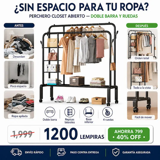 Perchero Closet Abierto Doble Barra con Ruedas — Organizá Toda tu Ropa, Zapatos y Accesorios