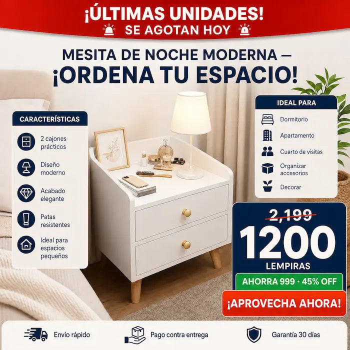 Mesita de Noche Moderna con 2 Cajones y Patas de Madera — Estilo Minimalista para tu Dormitorio