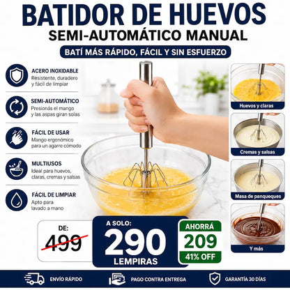 Batidor de Huevos Semi-Automático Manual de Acero Inoxidable — Bate Solo Al Presionar, Sin Pilas ni Electricidad