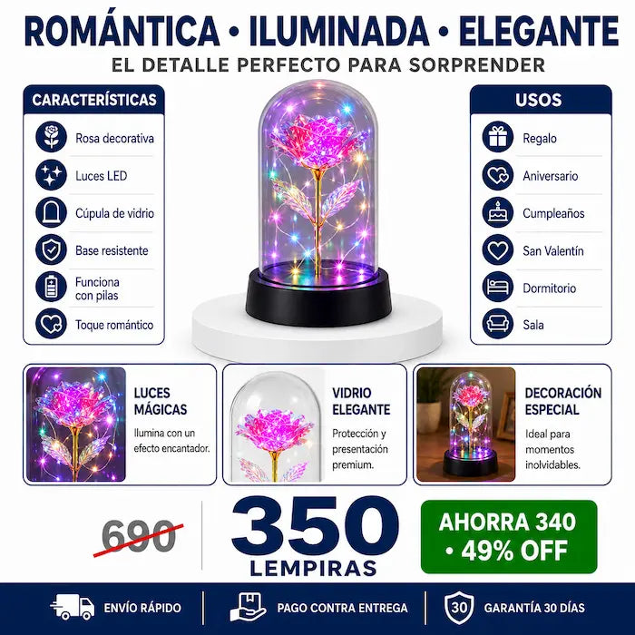 Rosa Eterna Iluminada en Cúpula de Vidrio con Luces LED — El Regalo Mágico que Dura para Siempre