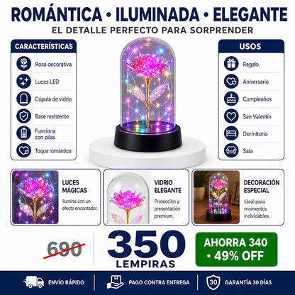 Rosa Eterna Iluminada en Cúpula de Vidrio con Luces LED — El Regalo Mágico que Dura para Siempre