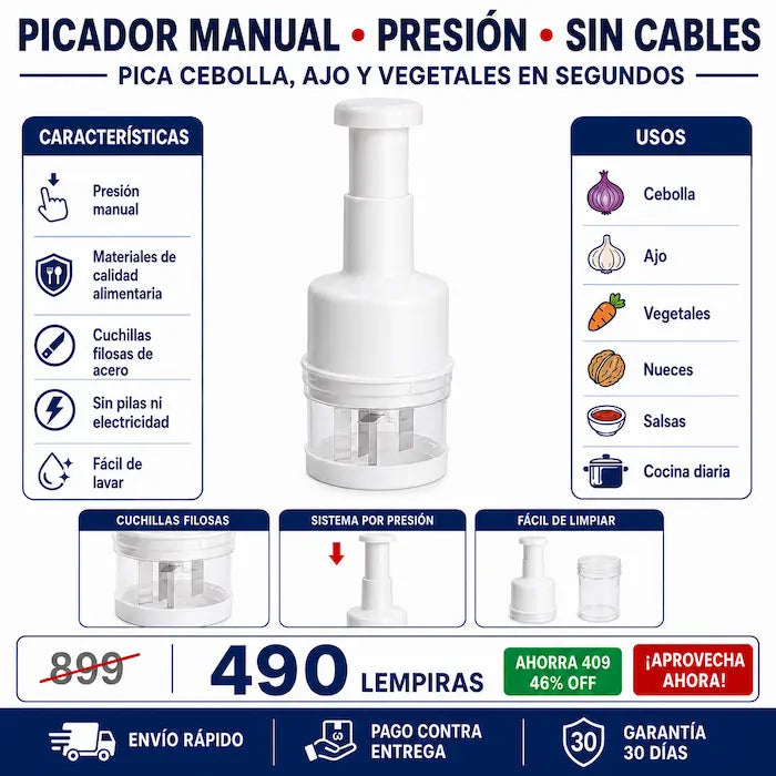 Picador Manual de Vegetales por Presión — Cebolla, Ajo y Vegetales en Segundos Sin Lágrimas