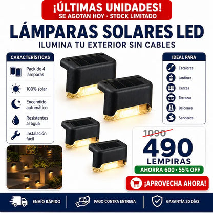 Pack de 4 Lámparas Solares LED Decorativas para Exterior — Iluminá Escaleras, Patios y Cercas Sin Cables