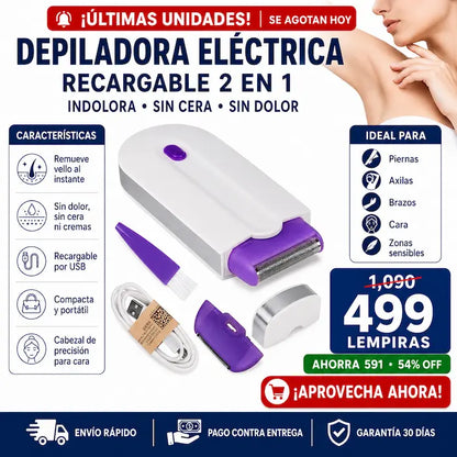 Depiladora Eléctrica Recargable Indolora 2 en 1 — Piel Suave Sin Dolor, Sin Cera y Sin Salón
