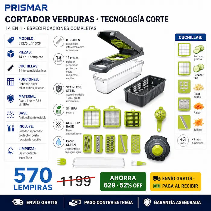 🥦🔪 Cortadora de Verduras 14 en 1 — 8 Cuchillas de Acero | Sin Llorar Picando Cebolla | Todo en Minutos ⚡✨ - imagen 3