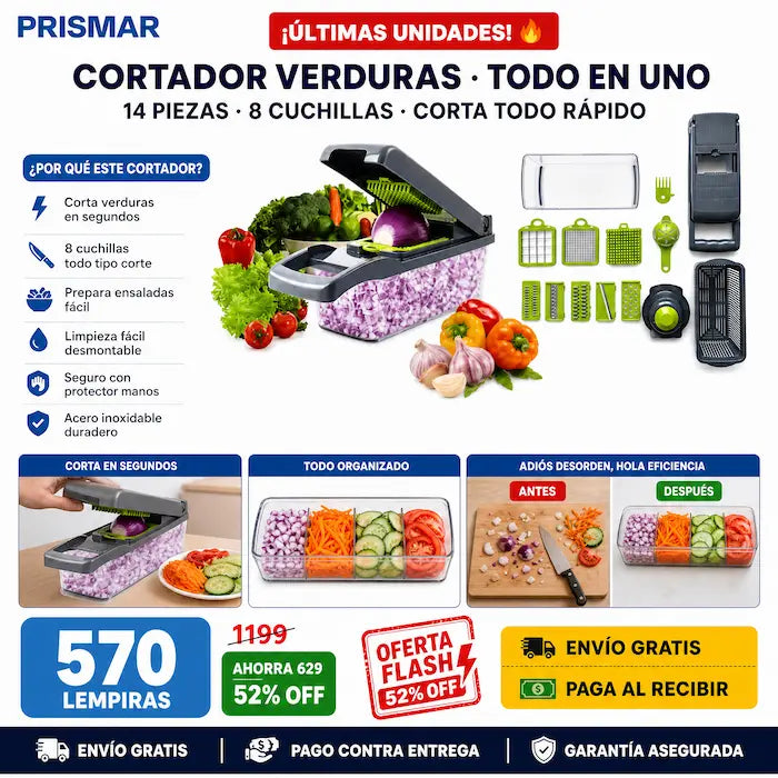 🥦🔪 Cortadora de Verduras 14 en 1 — 8 Cuchillas de Acero | Sin Llorar Picando Cebolla | Todo en Minutos ⚡✨ - imagen 2