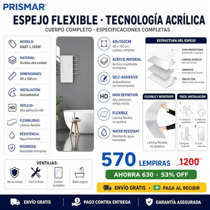 🪞✨ Espejo Acrílico Cuerpo Completo 40x150cm — Inastillable | Se Pega Sin Taladro 💥🔧