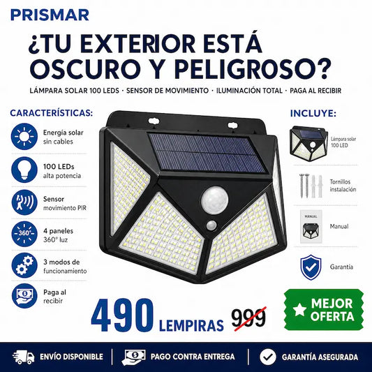 Lámpara Solar de Pared 100 LEDs con Sensor de Movimiento — Sin Cables