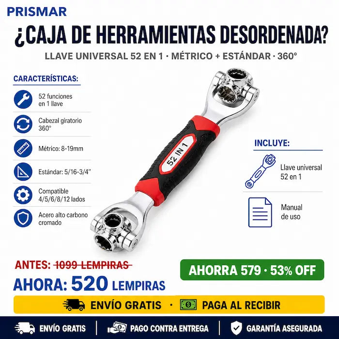 🔧💪 Llave Multifuncional 52 en 1 — Cabezal Giratorio 360° | Métrico y Estándar | Acero Alto Carbono ⚙️✨