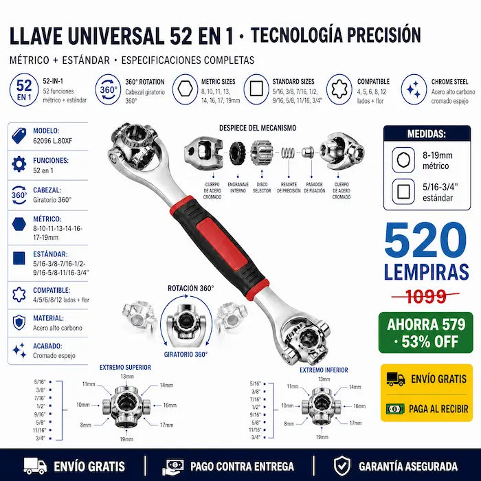 🔧💪 Llave Multifuncional 52 en 1 — Cabezal Giratorio 360° | Métrico y Estándar | Acero Alto Carbono ⚙️✨ - imagen 3