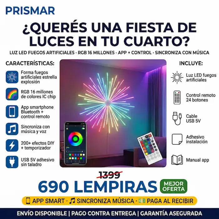 🎆✨ Luces LED Fuegos Artificiales RGB — App + Control Remoto | Sincronización con Música | 200+ Modos 🌈🎵