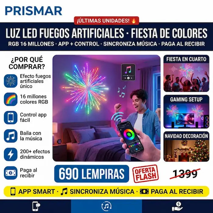 🎆✨ Luces LED Fuegos Artificiales RGB — App + Control Remoto | Sincronización con Música | 200+ Modos 🌈🎵