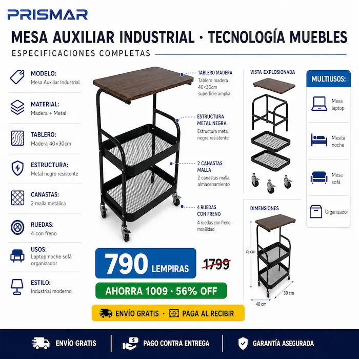 🛋️ Mesa Auxiliar Industrial con Ruedas — ¡El Mueble que Va Donde Vos Vas! - imagen 3