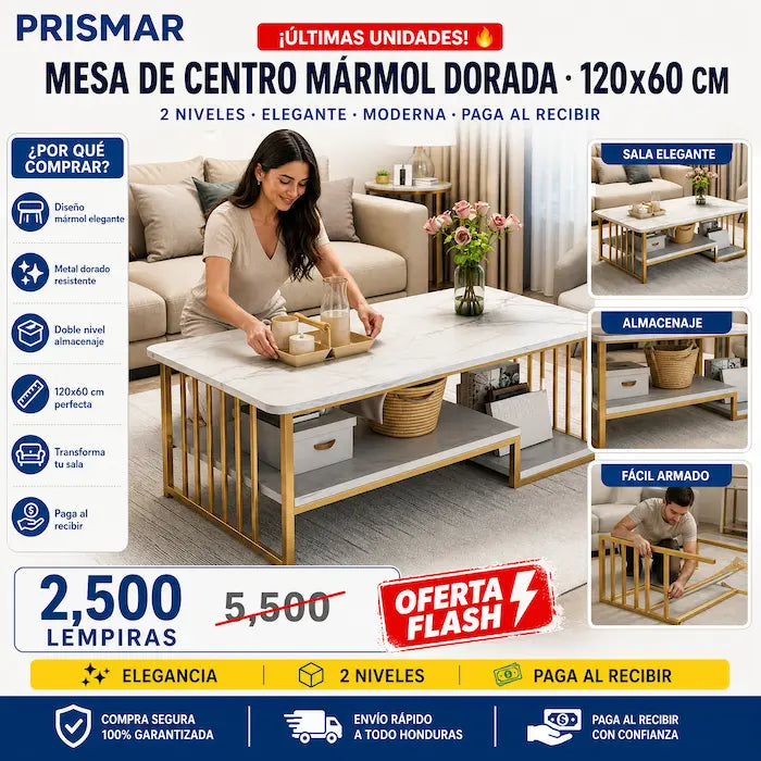 🪨✨ Mesa de Centro Efecto Mármol con Estructura Dorada | 2 Niveles | Estilo Lujoso 🏠💛