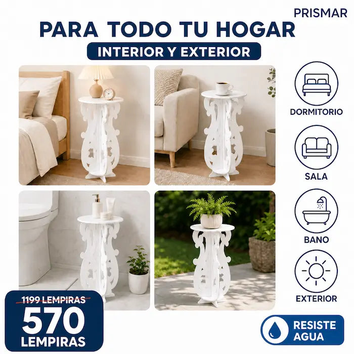 Mesita Auxiliar Redonda PVC — Interior y Exterior · Fácil Armado · Multiusos