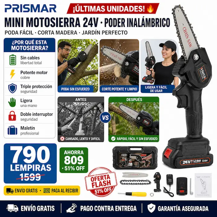 🪚 Mini Motosierra Eléctrica 24V — ¡Podá y Cortá con una Sola Mano!