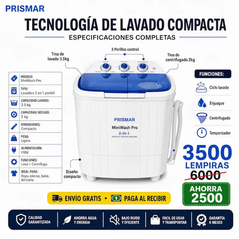 MiniWash Pro 2 en 1 – Lavadora + Secadora Portátil