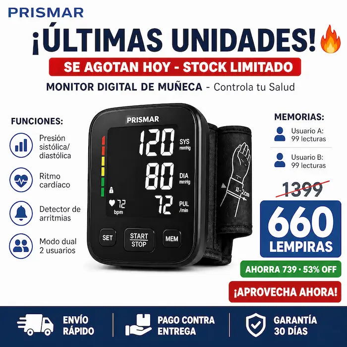 NUEVO Monitor Digital 2026 de Presión Arterial de Muñeca – Pantalla LED, Memoria Doble y Voz Guía + seguro de Garantía