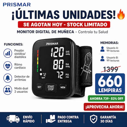 NUEVO Monitor Digital 2026 de Presión Arterial de Muñeca – Pantalla LED, Memoria Doble y Voz Guía + seguro de Garantía