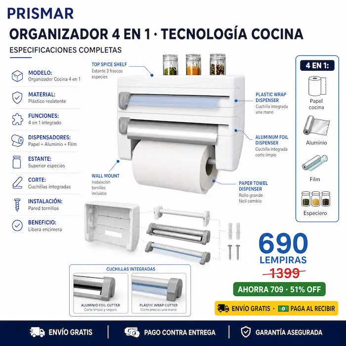 🧻 Organizador de Cocina 4 en 1 — ¡Papel, Aluminio, Film y Especias en un Solo Lugar!