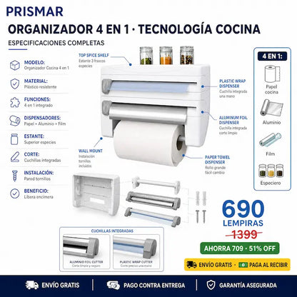 🧻 Organizador de Cocina 4 en 1 — ¡Papel, Aluminio, Film y Especias en un Solo Lugar!