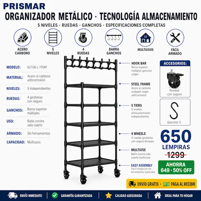 🚿🖤 Organizador de Baño Metal Negro 5 Niveles con Ruedas — Ganchos Superiores | No Oxida | Multiusos 🏠✨ - imagen 3