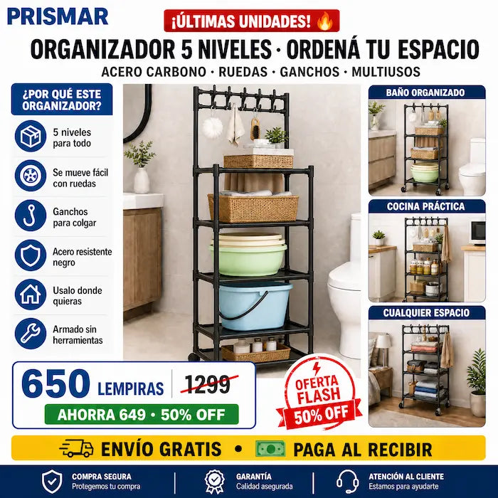 🚿🖤 Organizador de Baño Metal Negro 5 Niveles con Ruedas — Ganchos Superiores | No Oxida | Multiusos 🏠✨ - imagen 2