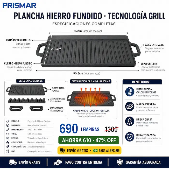 🔥 Plancha Grill de Hierro Fundido — ¡Cocinás como Parrillero Profesional en Casa! - imagen 3