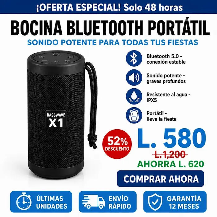BassWave X1 – Bocina Bluetooth Portátil / Subwoofer para Exteriores