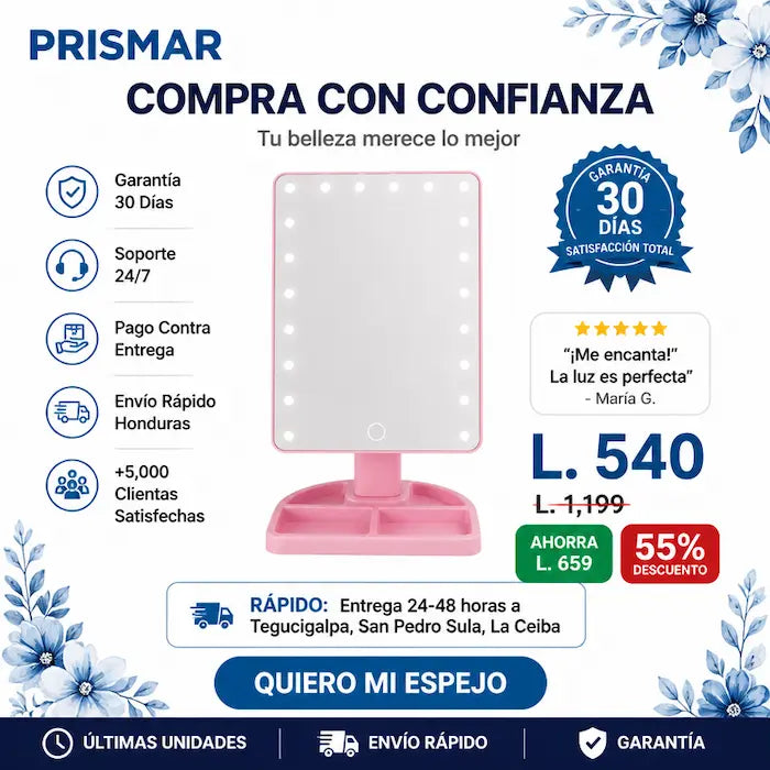 Espejo de Maquillaje LED USB RECARGABLE – Luz Ajustable 3 Modos +Garantía y certificado