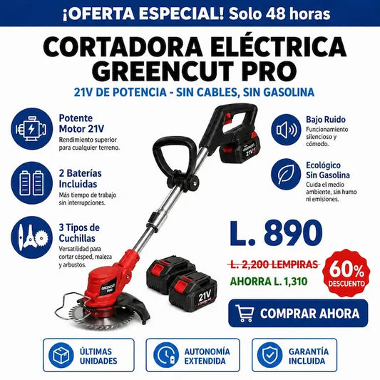 GreenCut Pro™ – Cortadora Eléctrica de Césped Inalámbrica Certificada +2 BATERIAS ALTA DURACIÓN 🛡️ Garantía Incluida · Seguridad Certificada