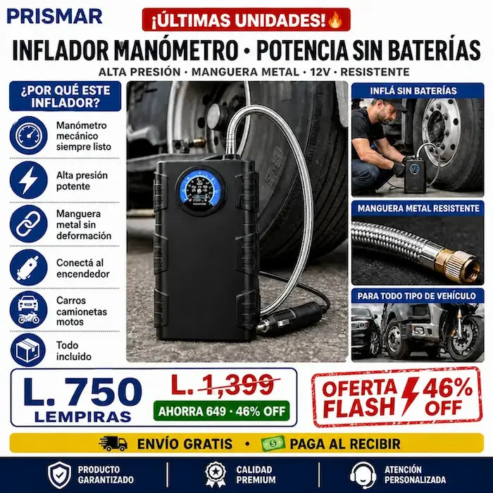 🚗🔵 Bomba de Aire de Alta Presión con Manómetro Mecánico — Sin Baterías | Manguera Metálica | Para Camionetas y 4x4 💪🛞 - imagen 2