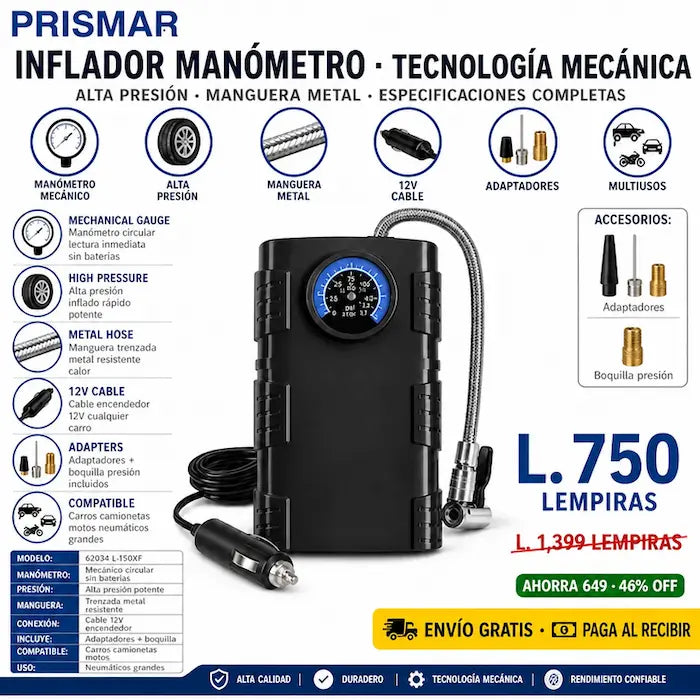 🚗🔵 Bomba de Aire de Alta Presión con Manómetro Mecánico — Sin Baterías | Manguera Metálica | Para Camionetas y 4x4 💪🛞 - imagen 3